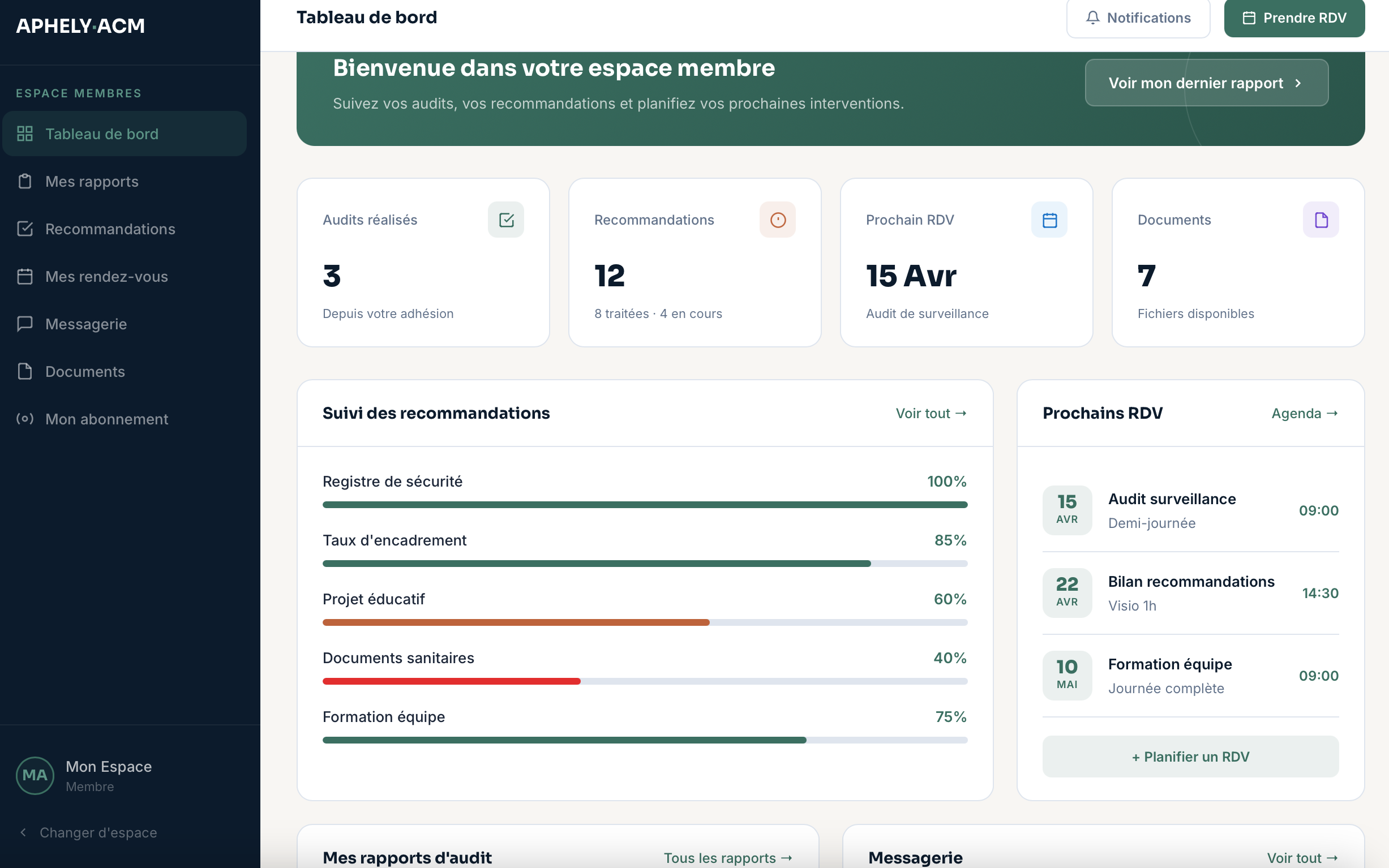 Aperçu Espace Membres APHELY-ACM